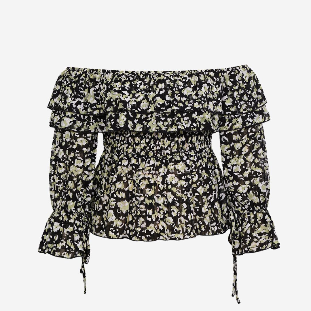 Svart axelbandslös blus med volanger och blommigt mönster