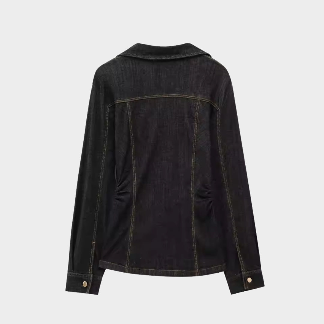 Tvådelad denimset med jacka enkel knäppning och vida byxor