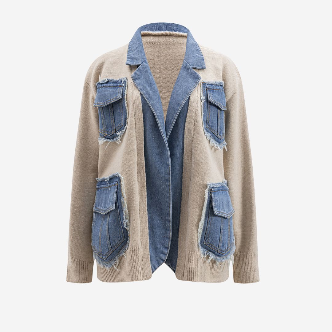 Beige ledig stickad cardigan med denimkrage och kontrasterande jeansfickor i utilitystil