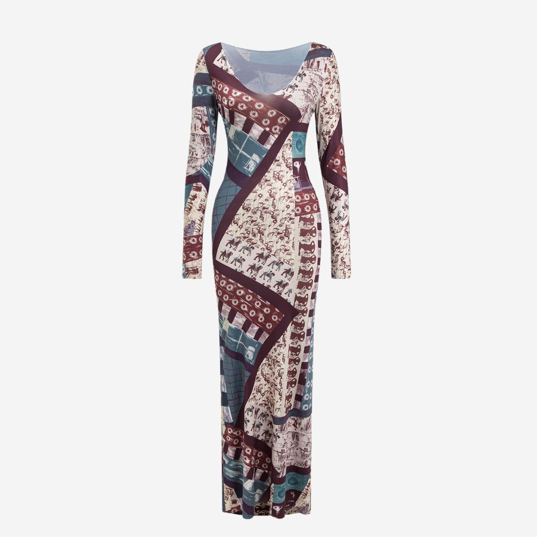Mönstrad maxiklänning i mjukt stretchtyg med figurnära passform och patchwork