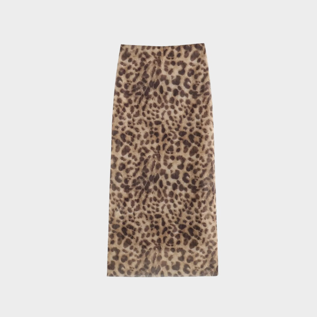 Leopardmönstrad tyllkjol i midilängd med hög midja