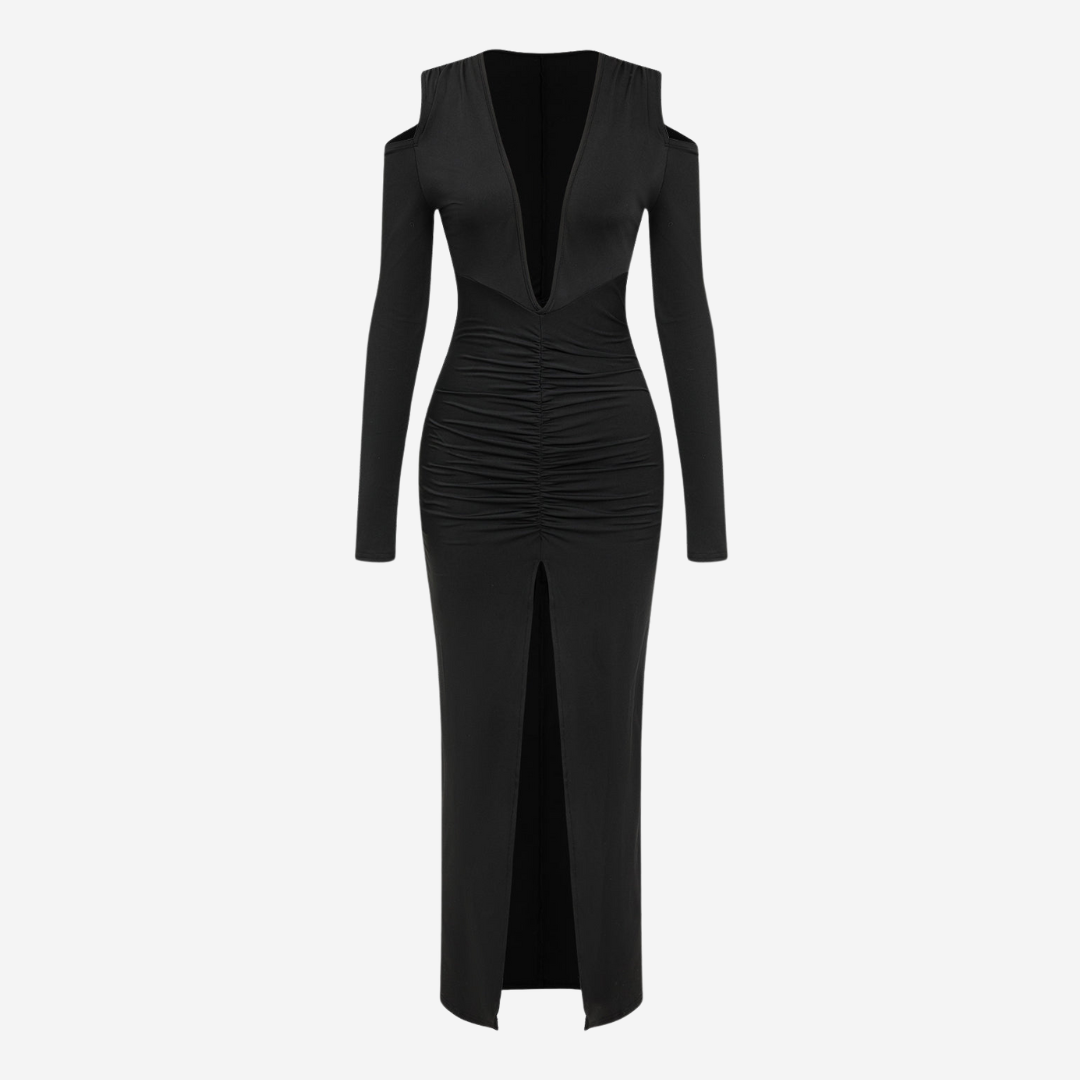 Svart lång figurnära klänning med djup urringning, axelurtag och slits i mjuk stretchig trikå