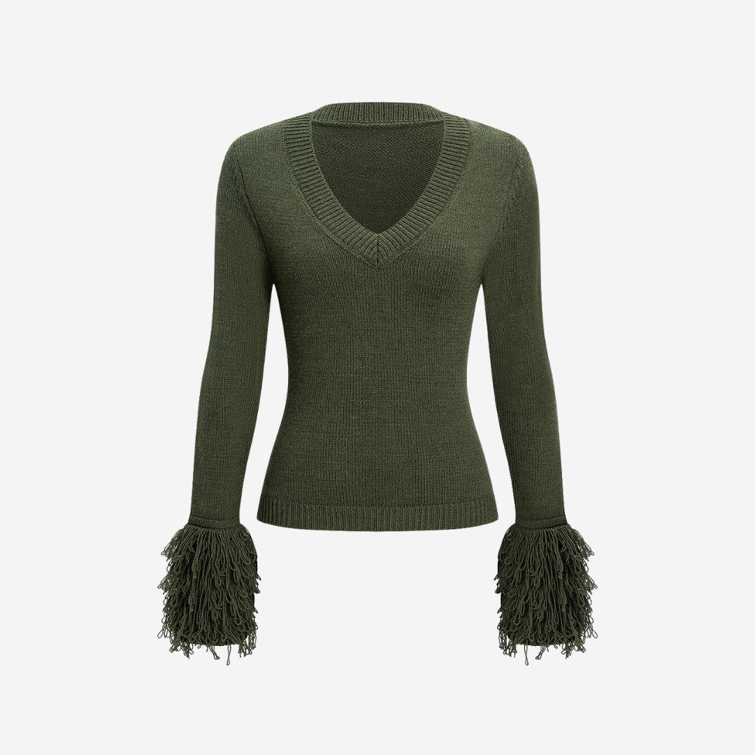 Armégrön Stickad V-ringad tröja med fransade ärmslut smal passform