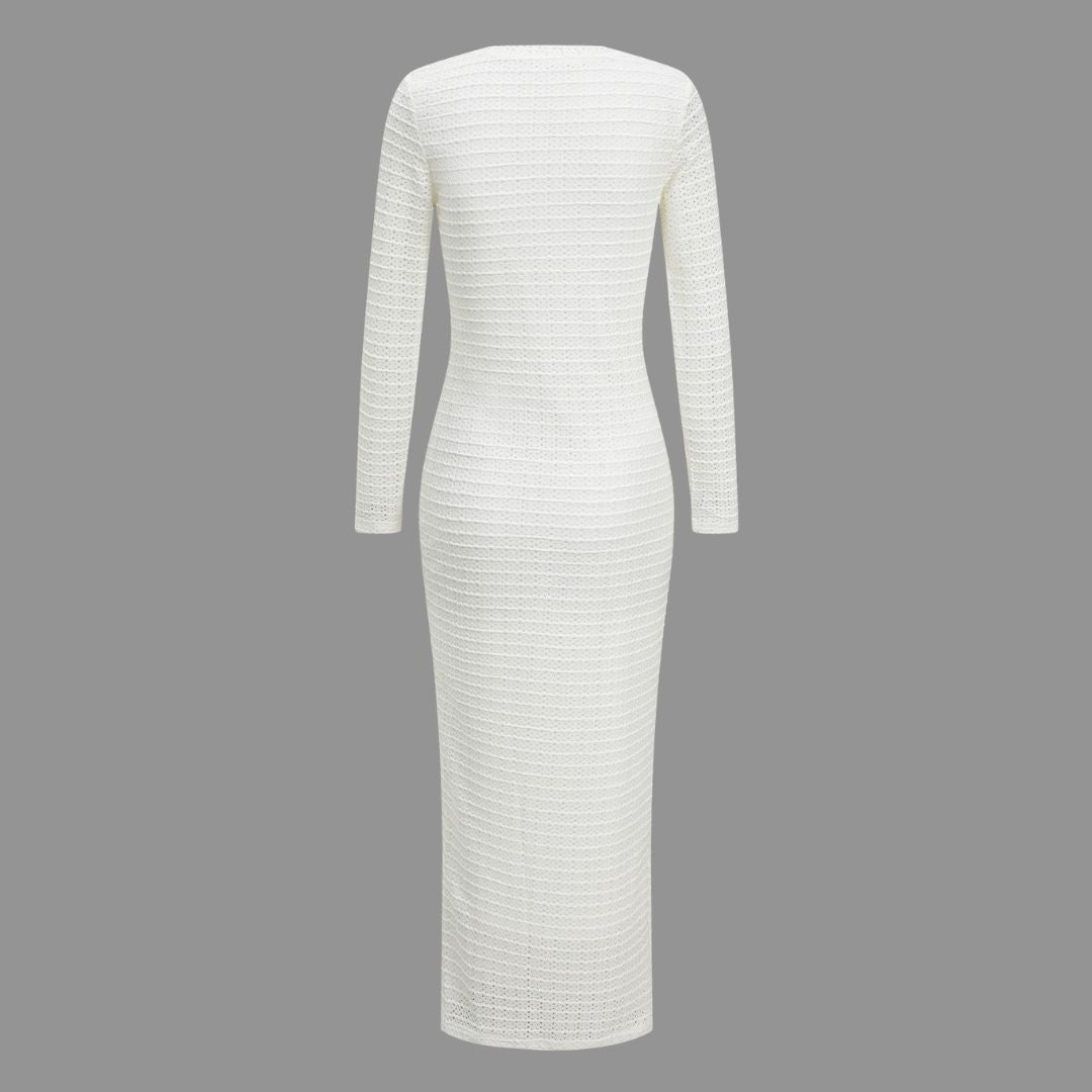 Vit långärmad fodralklänning i strukturerad jersey med guldknappar och rund halsringning