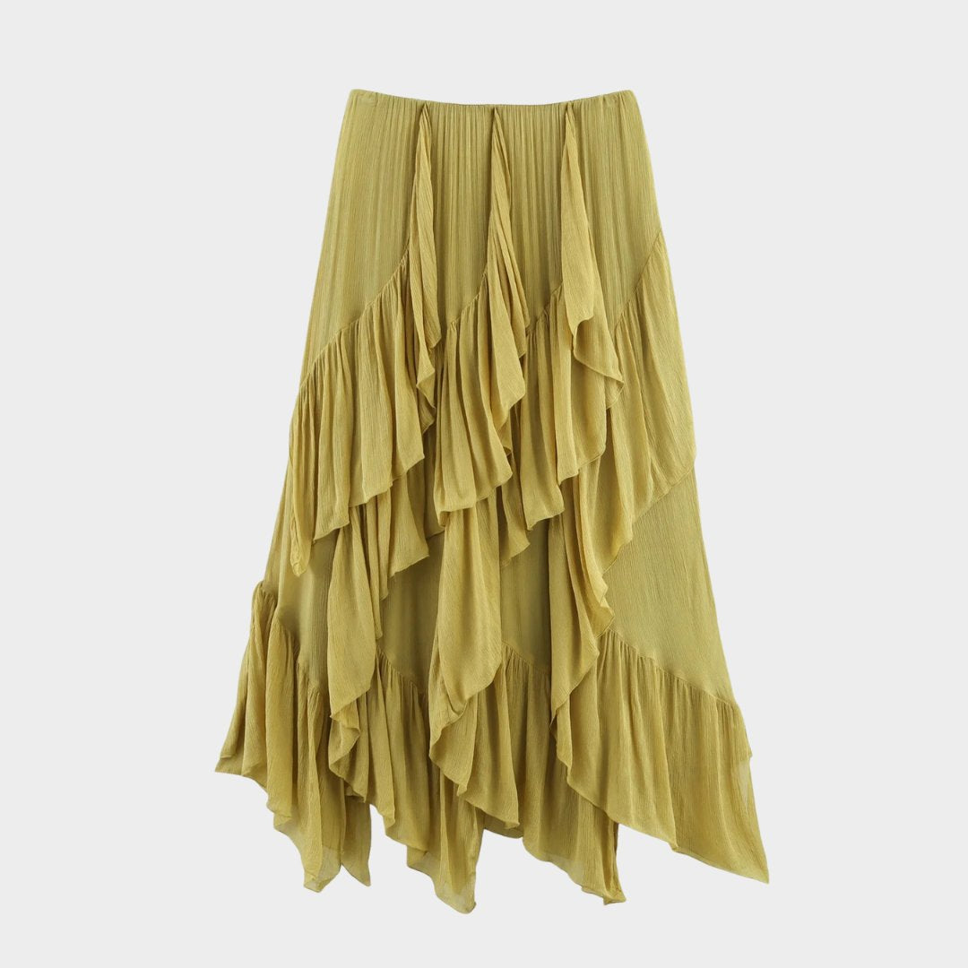 Midilång volangkjol i senapsgul med asymmetrisk fåll och A-linjeform