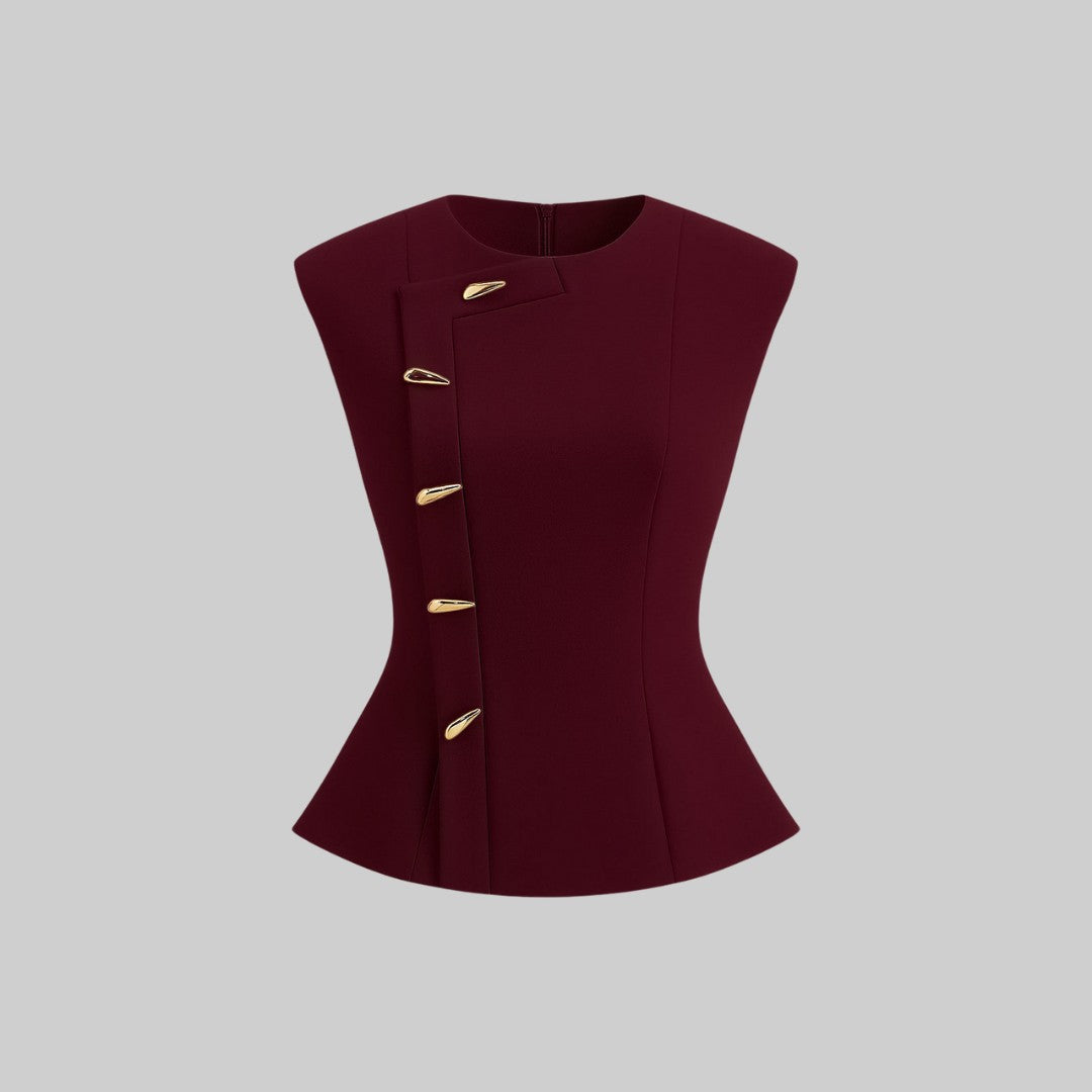 Ärmlös vävd topp med asymmetrisk knappstängning och figursydd silhuett