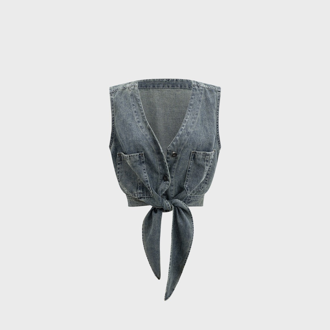 Jeansväst med knytning framtill och fickor