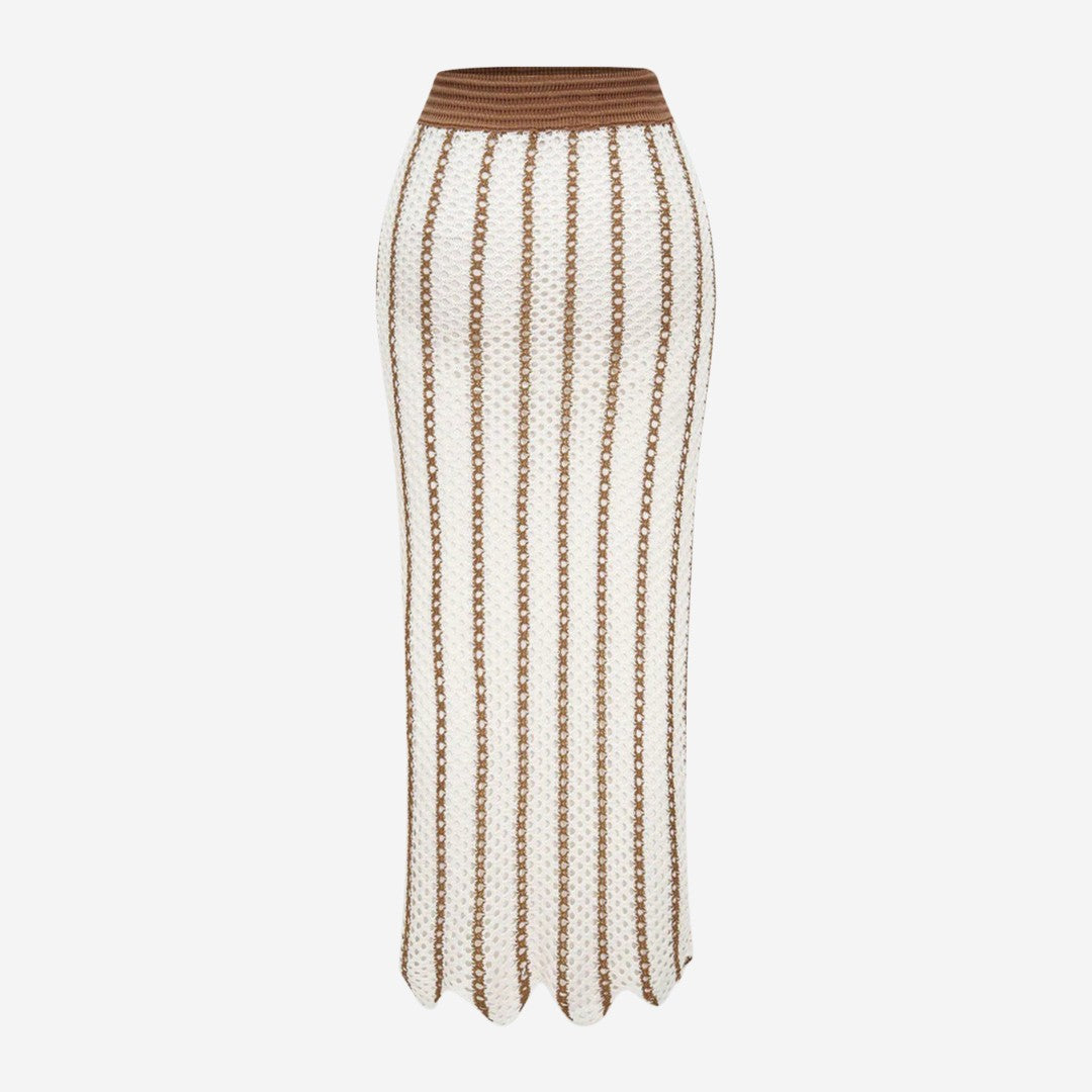 Smal midikjol i virkad trikå med vågig fåll och lodräta ränder