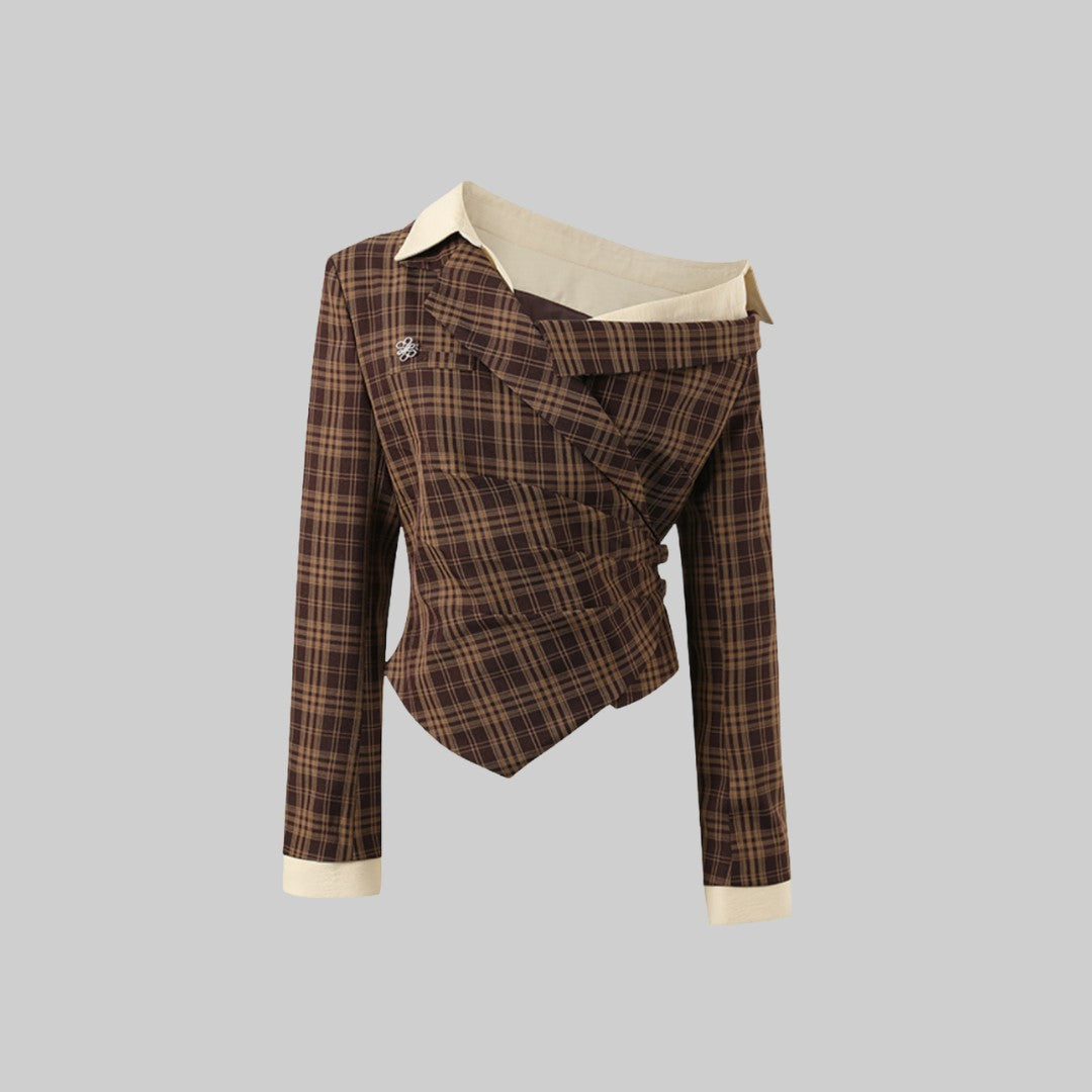 Brun Asymmetrisk rutig topp i brunt med enkel axel, skräddad passform och kontrastkrage