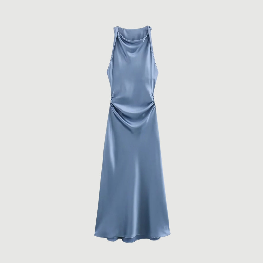 Satinklänning i halterneck med A-linjeform och midilängd