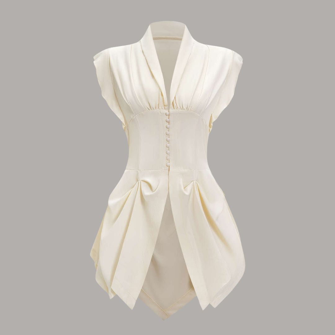 Elegant elfenbensvit topp med figurnära midjeskärning, dekorativa knappar och knytband i ryggen