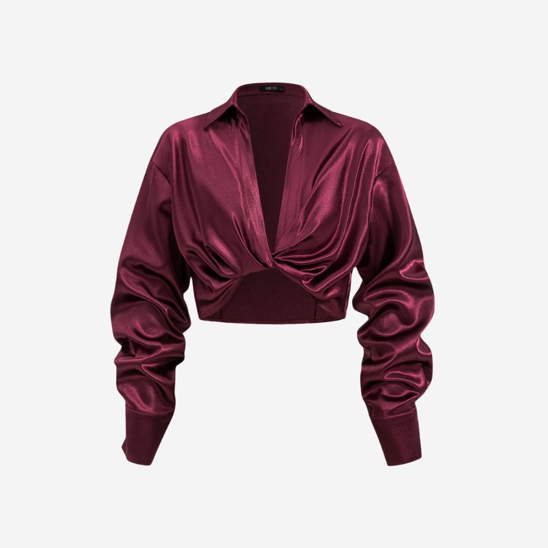 Vinröd satintopp med draperad front och långa ärmar