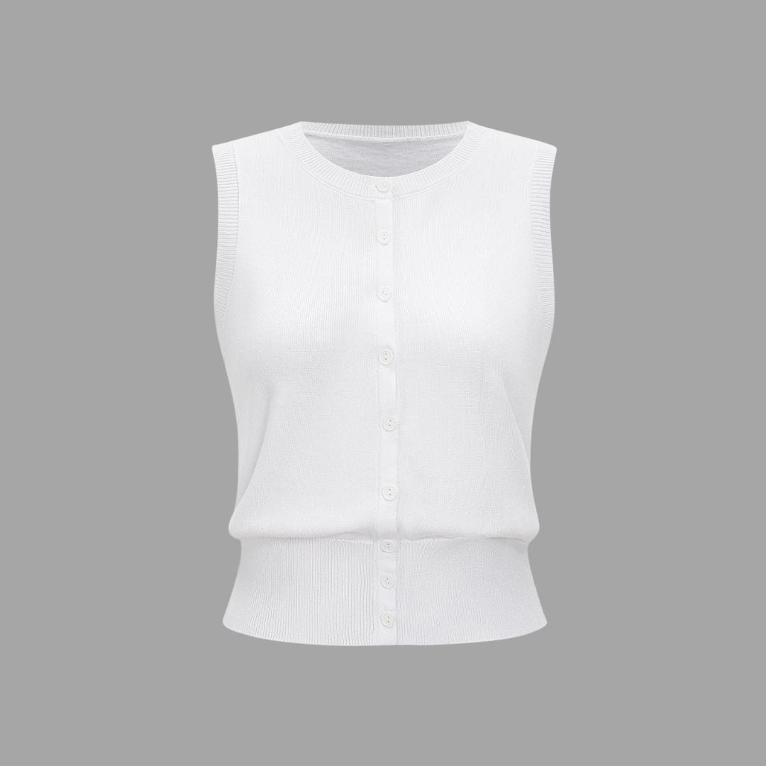 Ärmlös stickad topp med rund halsringning och knappdetaljer framtill