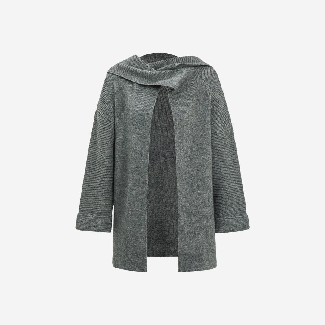 Grå öppen stickad kofta med sjalkrage och ribbade ärmar