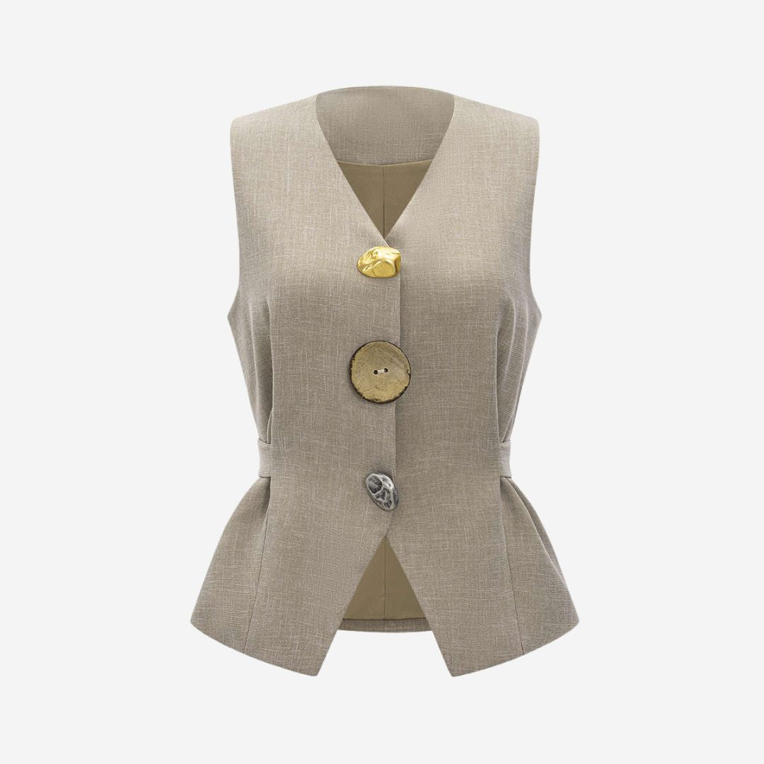 Skräddarsydd väst i elegant tweed med dekorativa knappar och markerad midja med knytband