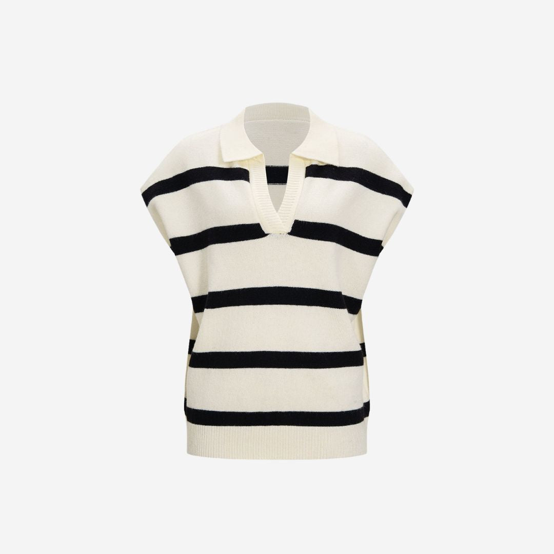 Randig stickad väst i krämvitt med krage och lös passform