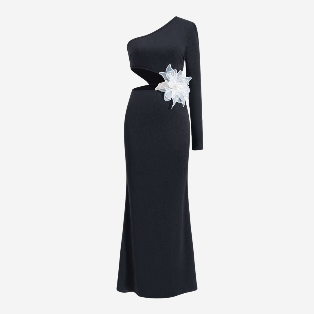 Svart asymmetrisk midiklänning i jersey med utskuren midja och stor blomapplikation i organza