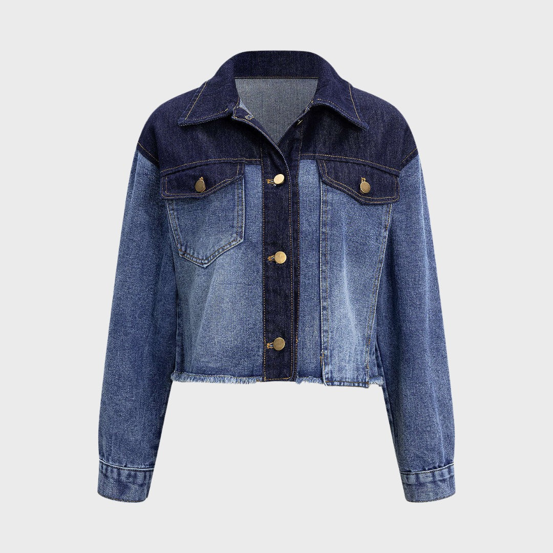 Blä Cowboy cropped denimjacka i två toner med rå fåll