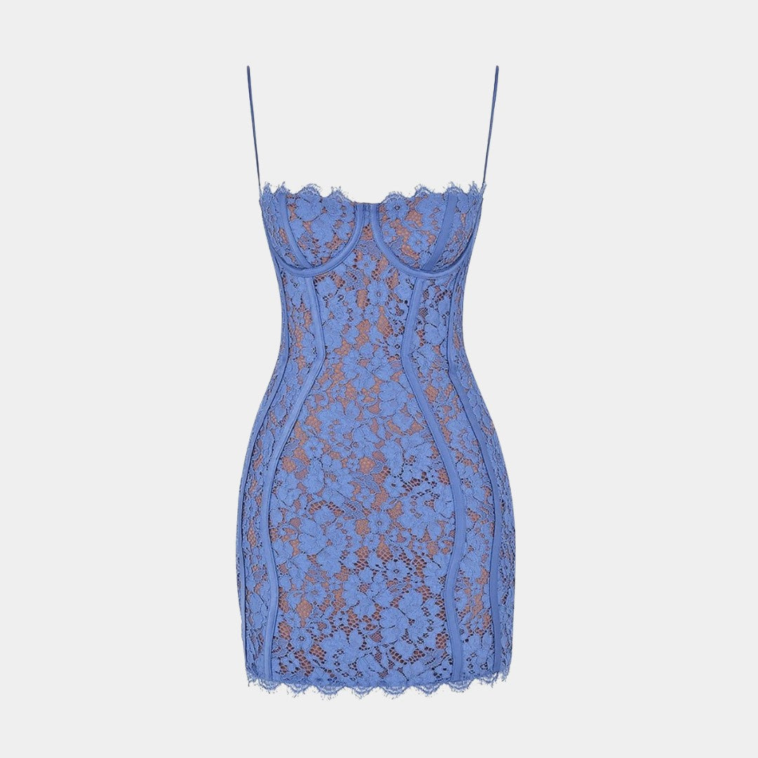 Ljuslila spetsklänning i minilängd med strukturerad korsettliv och justerbara axelband