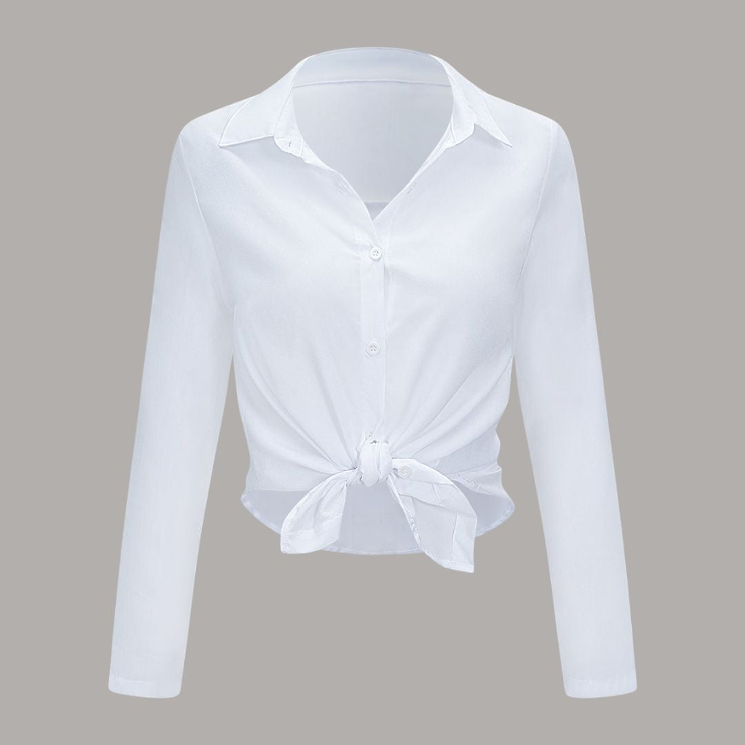 Vit chiffongblus med knytfunktion och lång ärm i figurnära passform