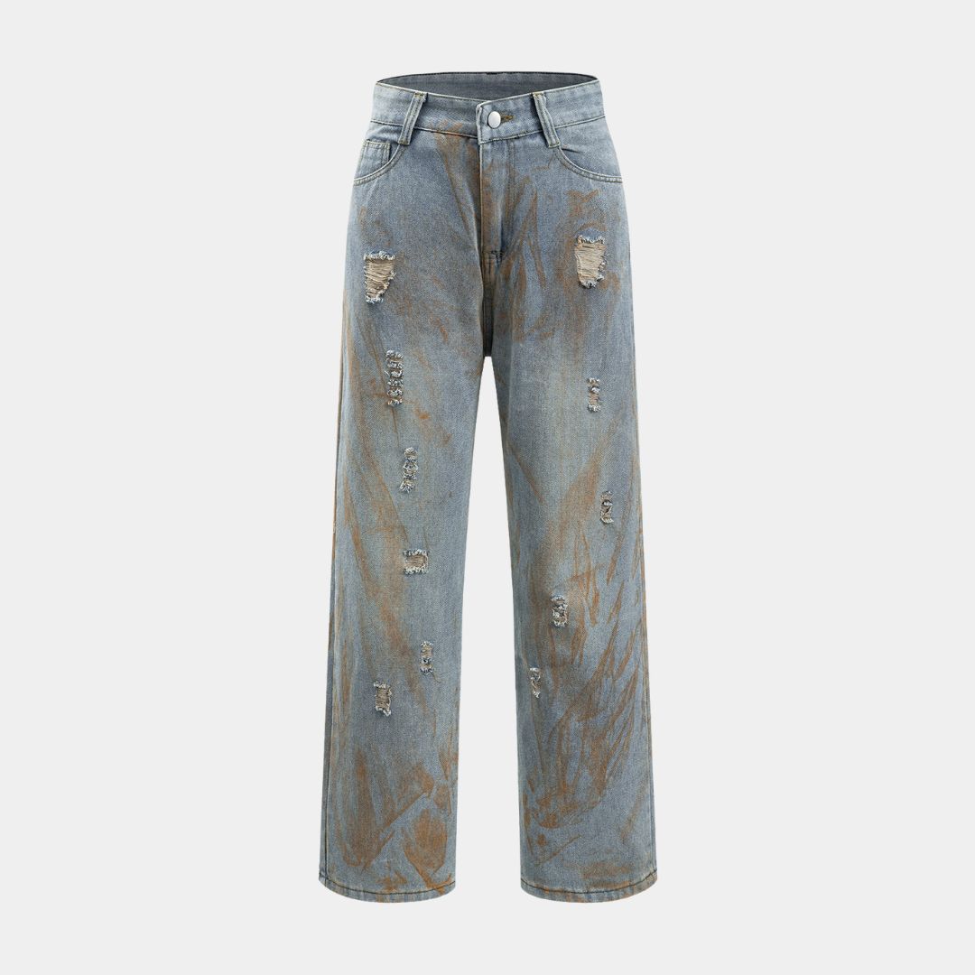 Ljusblå jeans med färgstänk, slitna detaljer och rak benform i mjuk denimblandning utan stretch