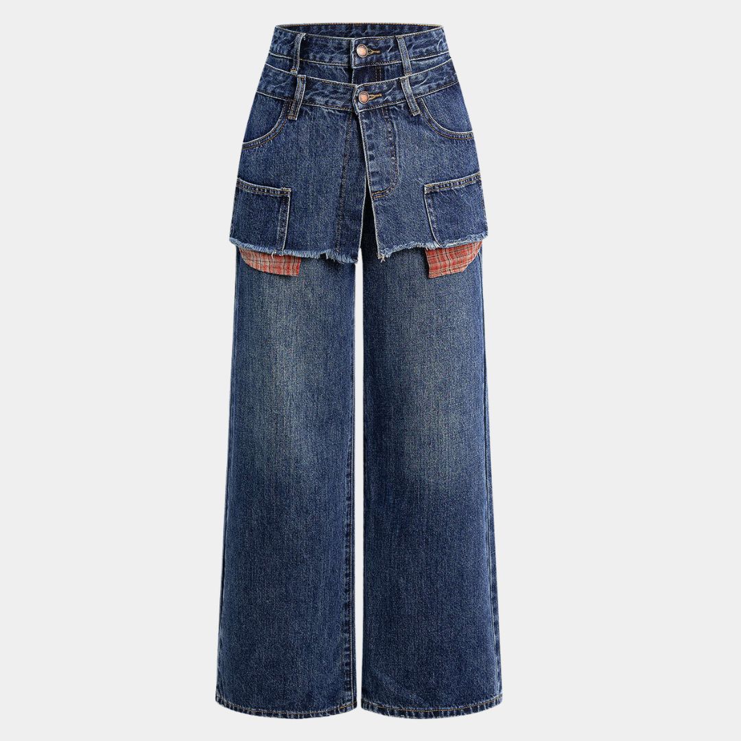 Denimbyxor med dubbel midja och exponerade rutiga flanellfickor