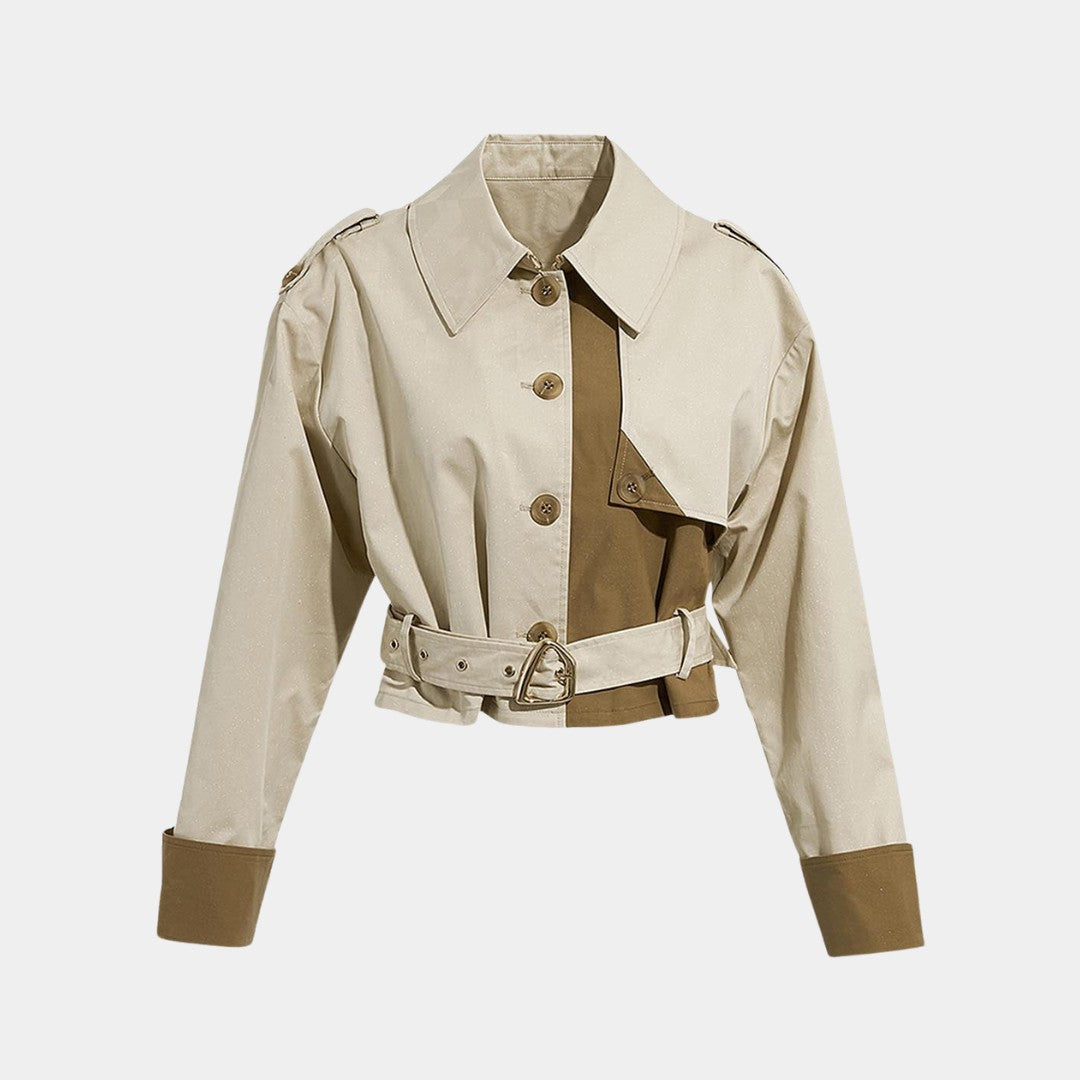 Kort trenchjacka i tvåtonad design med bälte och stormklaff