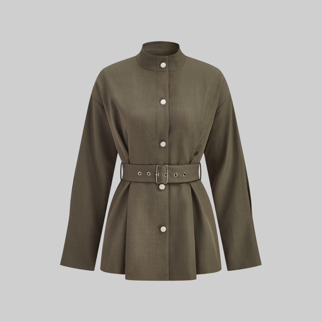 Olivbrun Bältesjacka med ståkrage och raka ärmar i strukturerat tyg