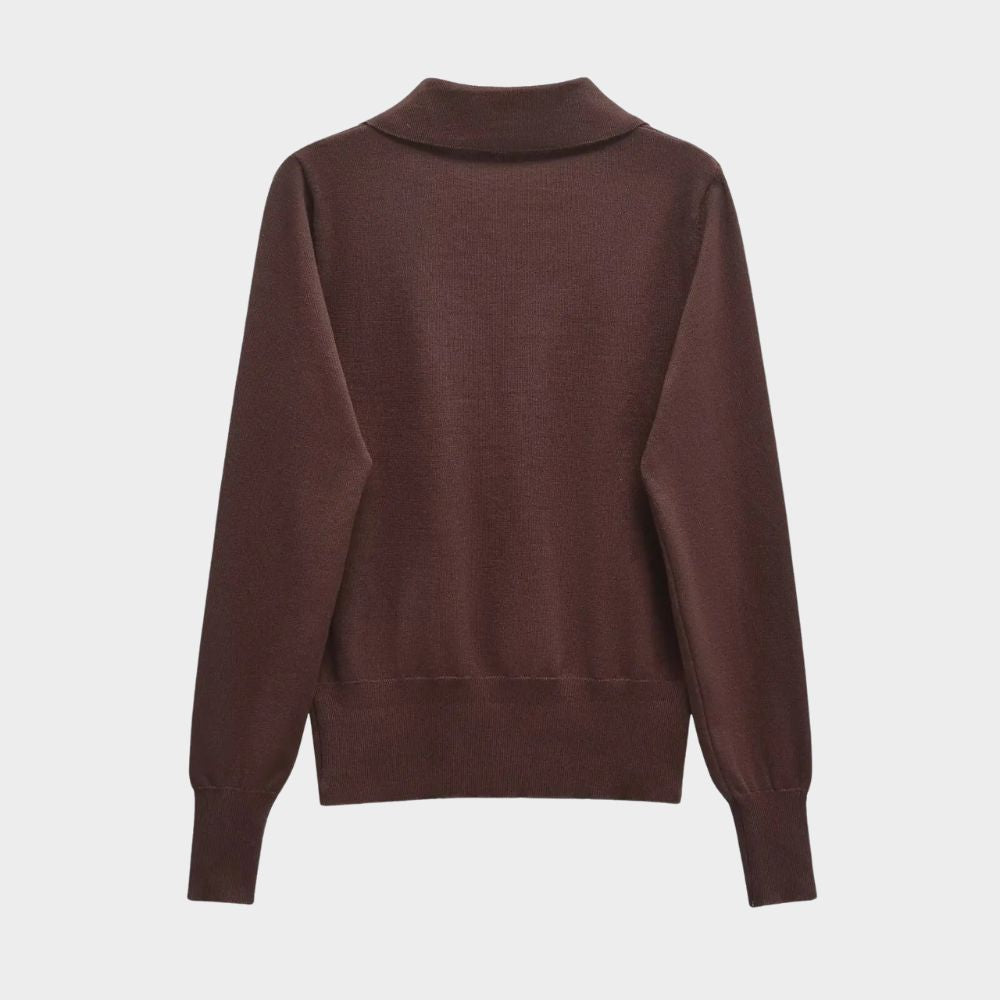 Brun stickad tröja med polokrage ficka och lång ärm