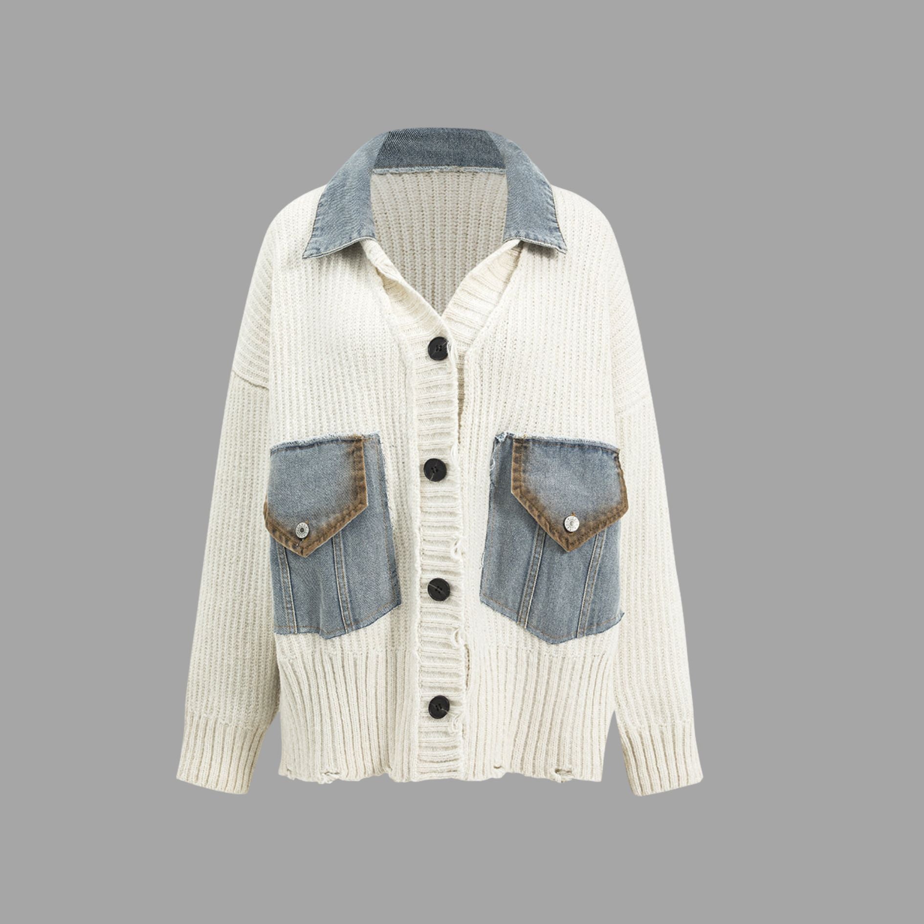 Vit stickad cardigan i ribbat jersey med jeansdetaljer och kontrastfickor