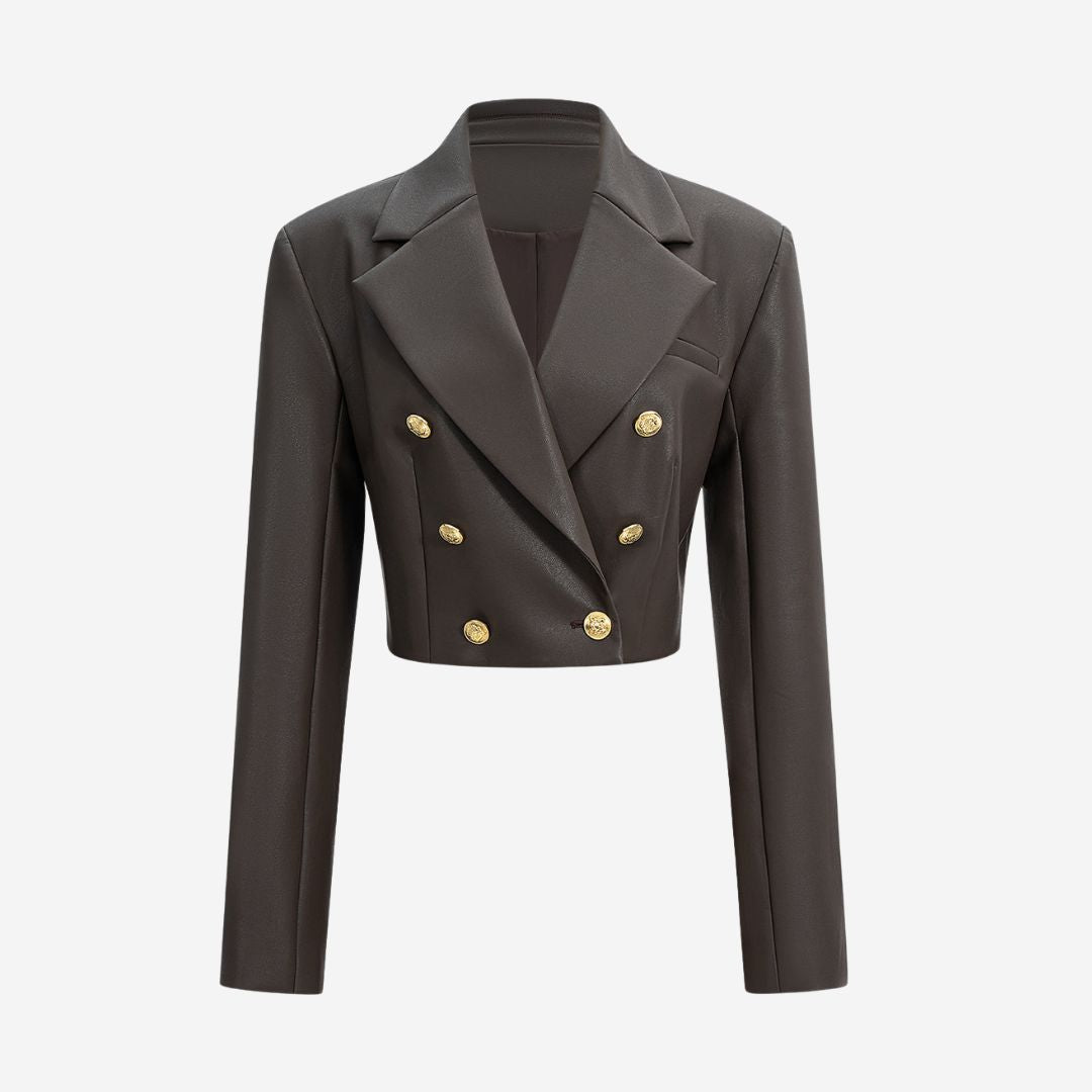 Svart kort kavaj i veganskt läder med dubbelknäppning och dekorativa guldknappar