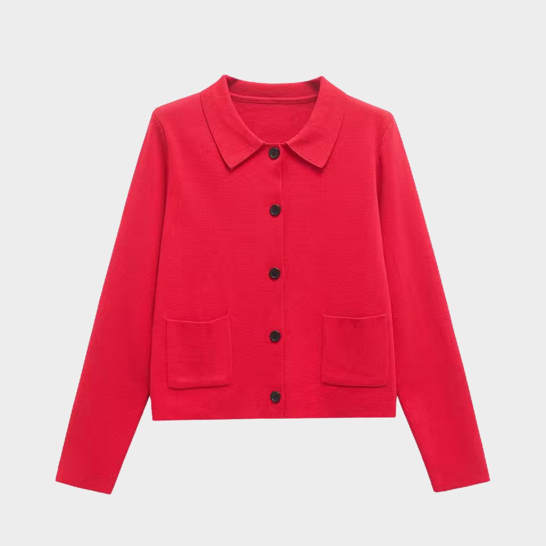 Kort röd damkofta slim fit öppen fram stretch