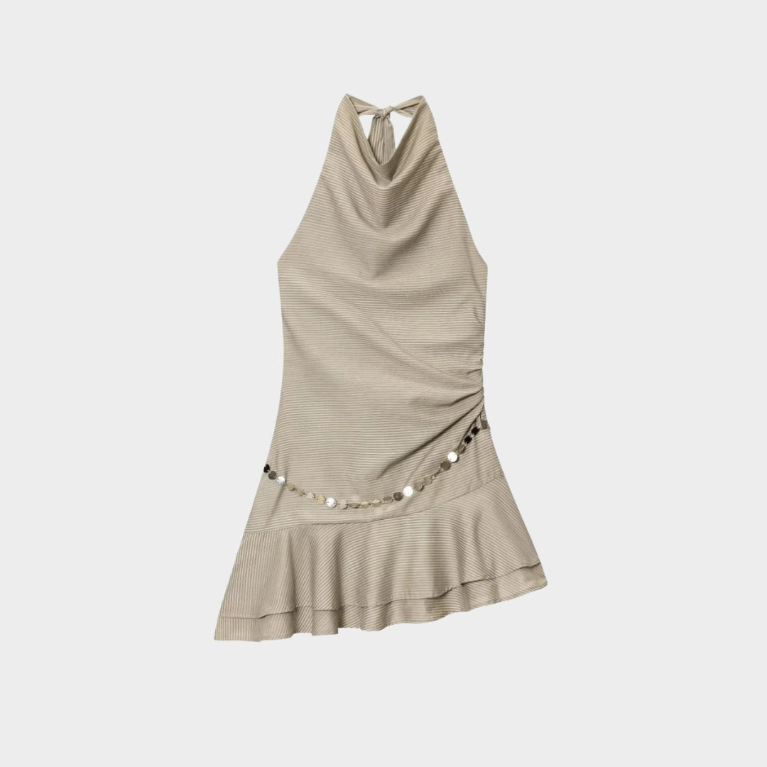 Randig halterneck-miniklänning med bar rygg och silverfärgad kedjedetalj