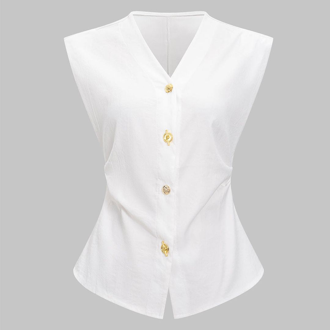 Vit ärmlös figursydd topp i twill med guldfärgade knappar och V-ringning för dam