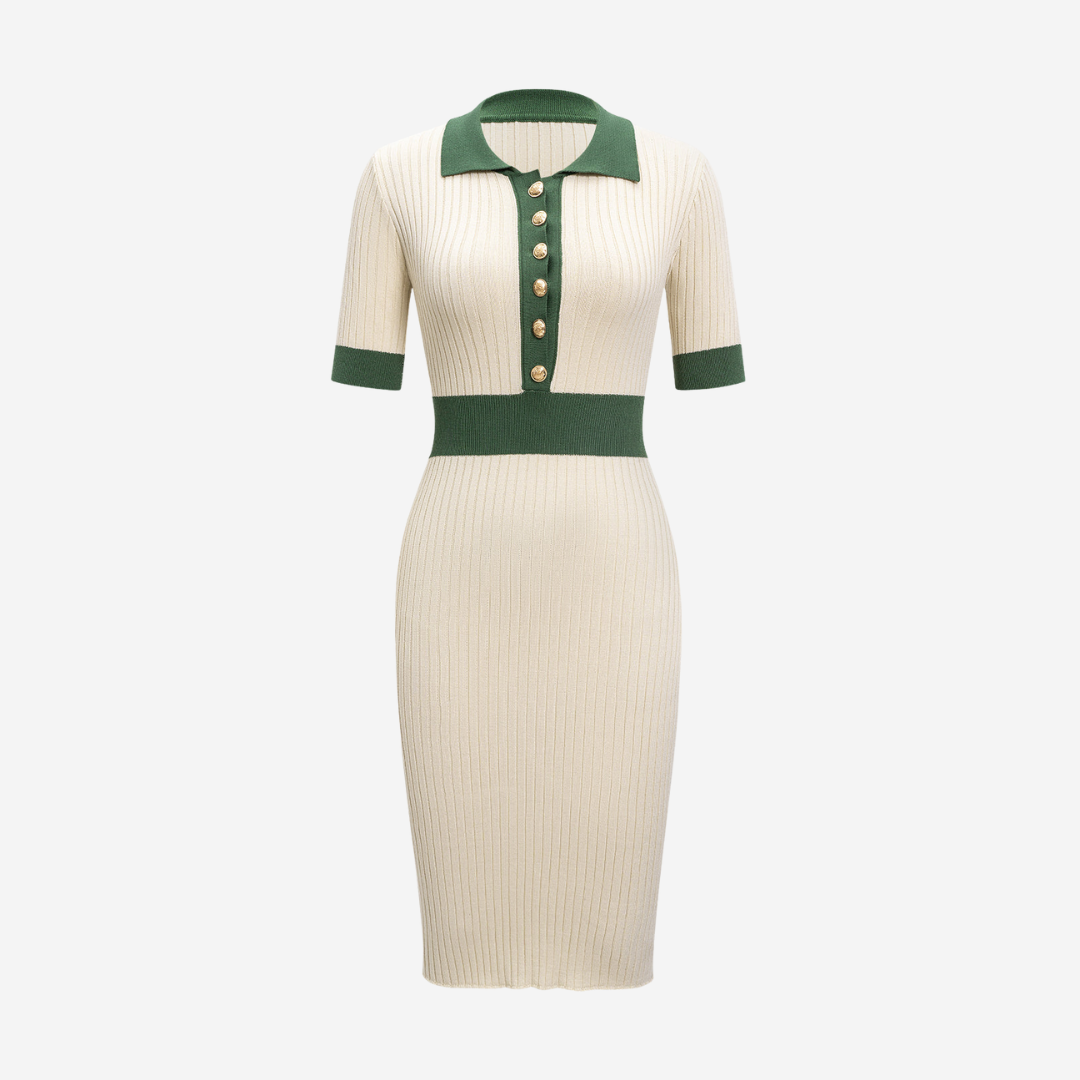 Stickad midiklänning med krage, knappslå, kort ärm och kontrastfärgade detaljer