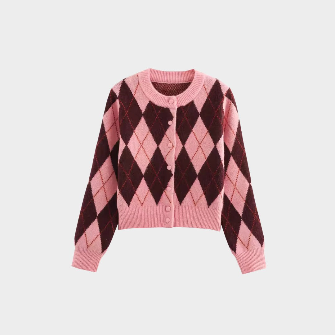 Rutig rosa kofta med diamantmönster och lång ärm