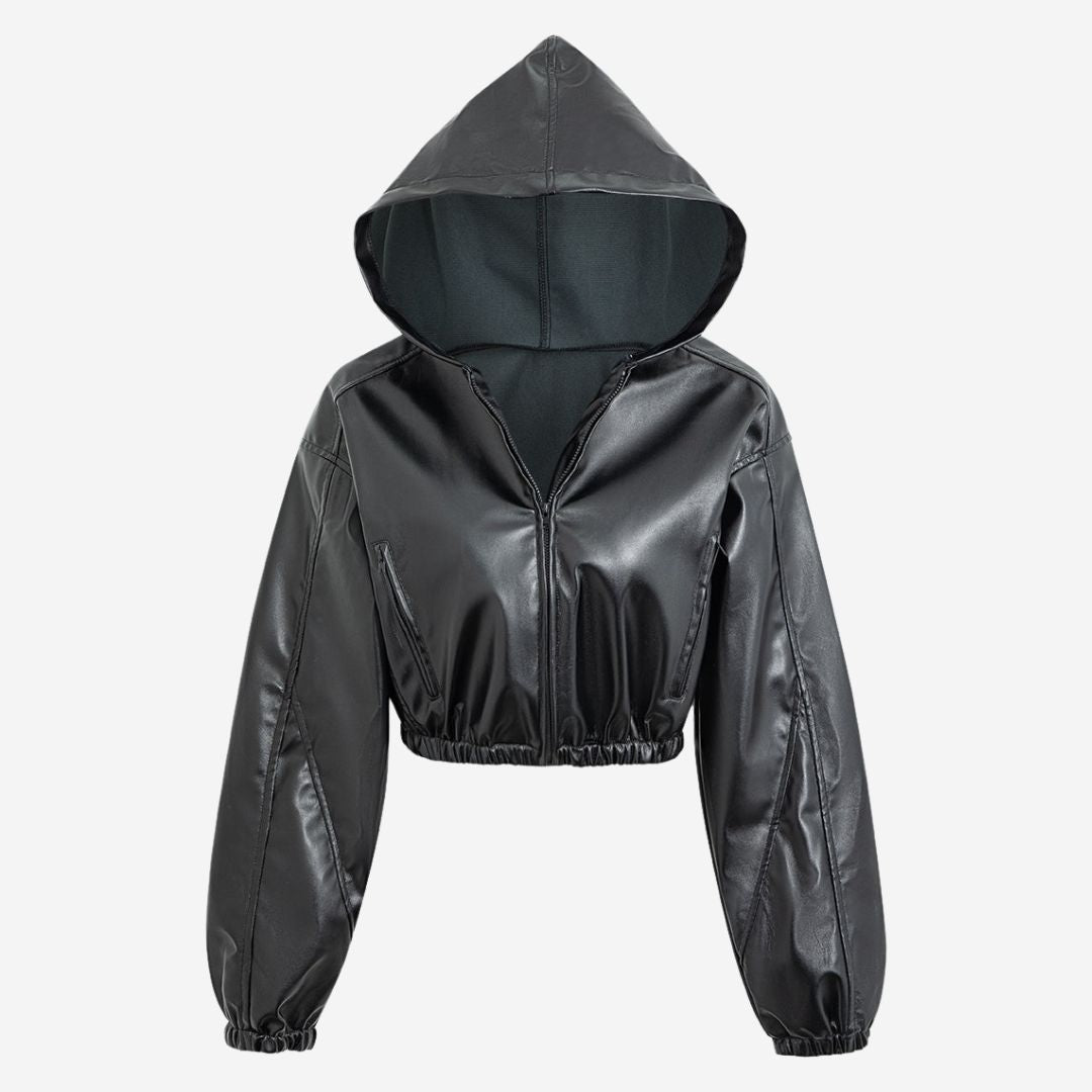 Svart Kort hoodiejacka i veganskt läder med dragkedja och resårdetaljer