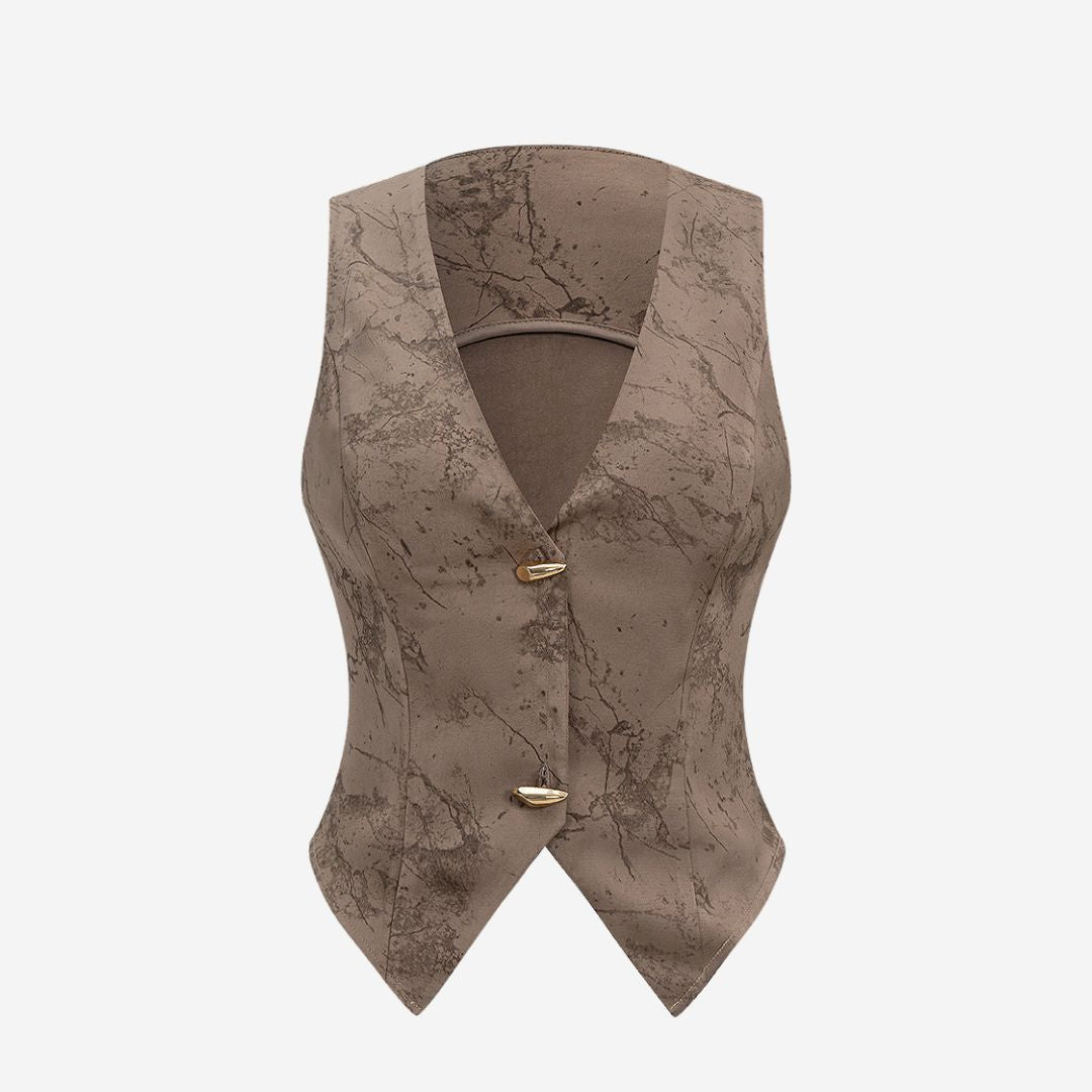 Khaki figursydd väst med marmorerat tryck, spetsigt fållslut och avlånga guldfärgade knappar för dam