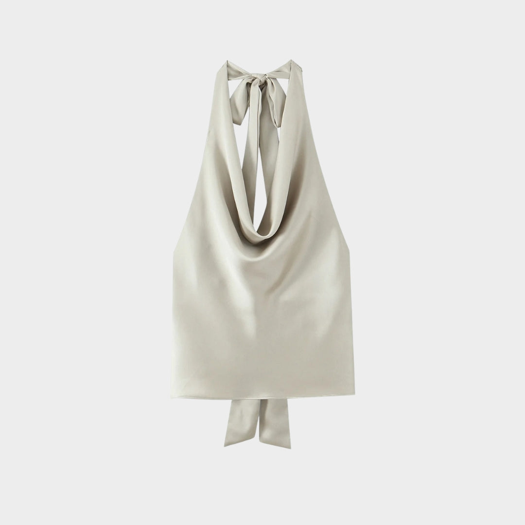 Satintopp med halterneck, knytband och öppen rygg i sommarstil