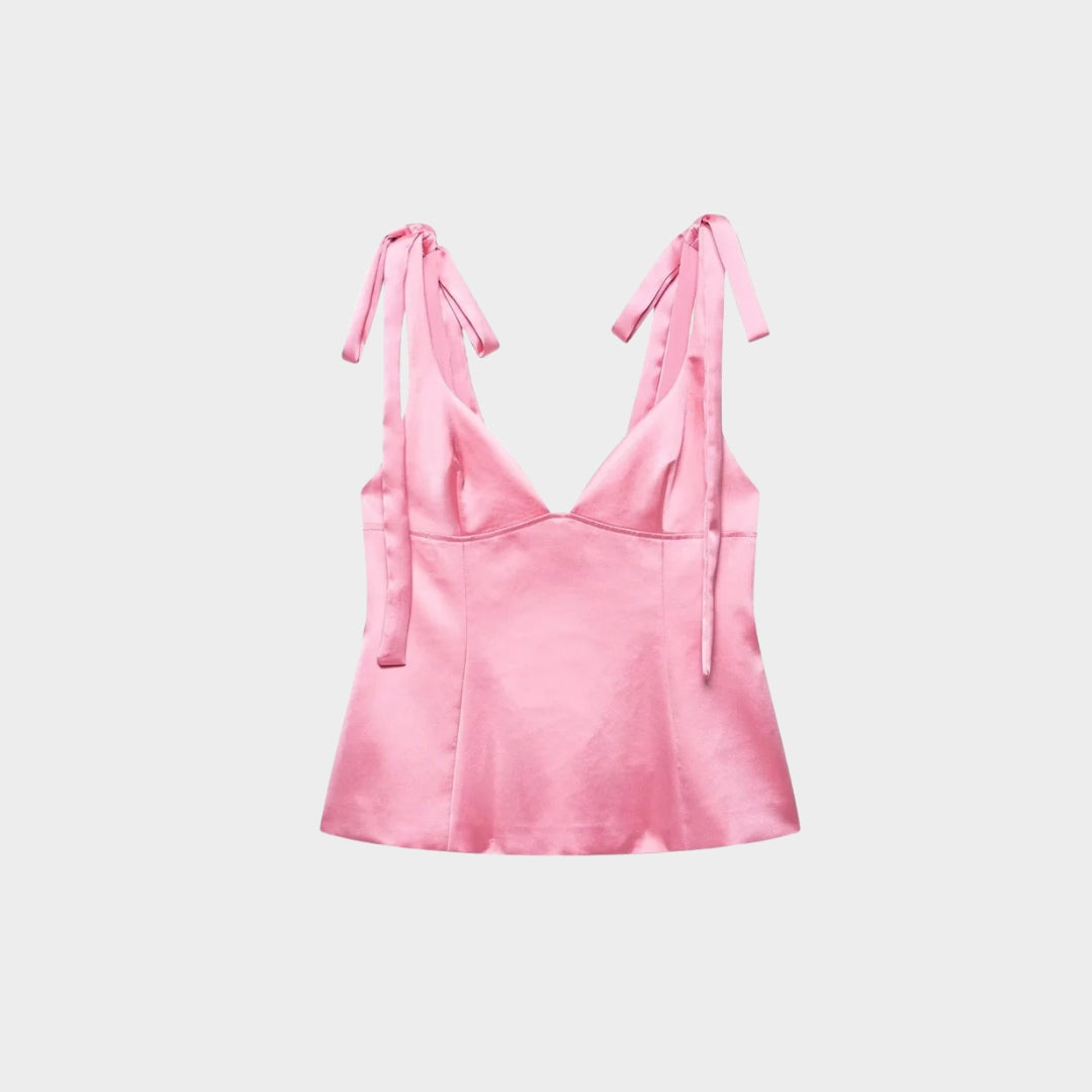 Satintopp med knytbara axelband och kort skärning