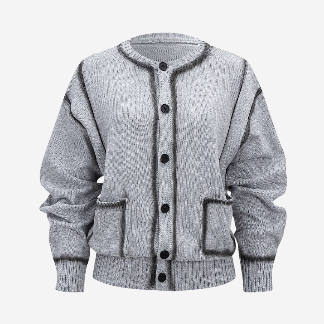 Ljusgrå Kofta med knappar och dekorativa fickor i stickad struktur