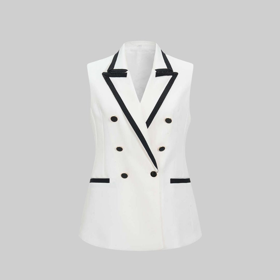 Vit ärmlös skräddarsydd väst i twill med dubbelknäppning och kontrastdetaljer