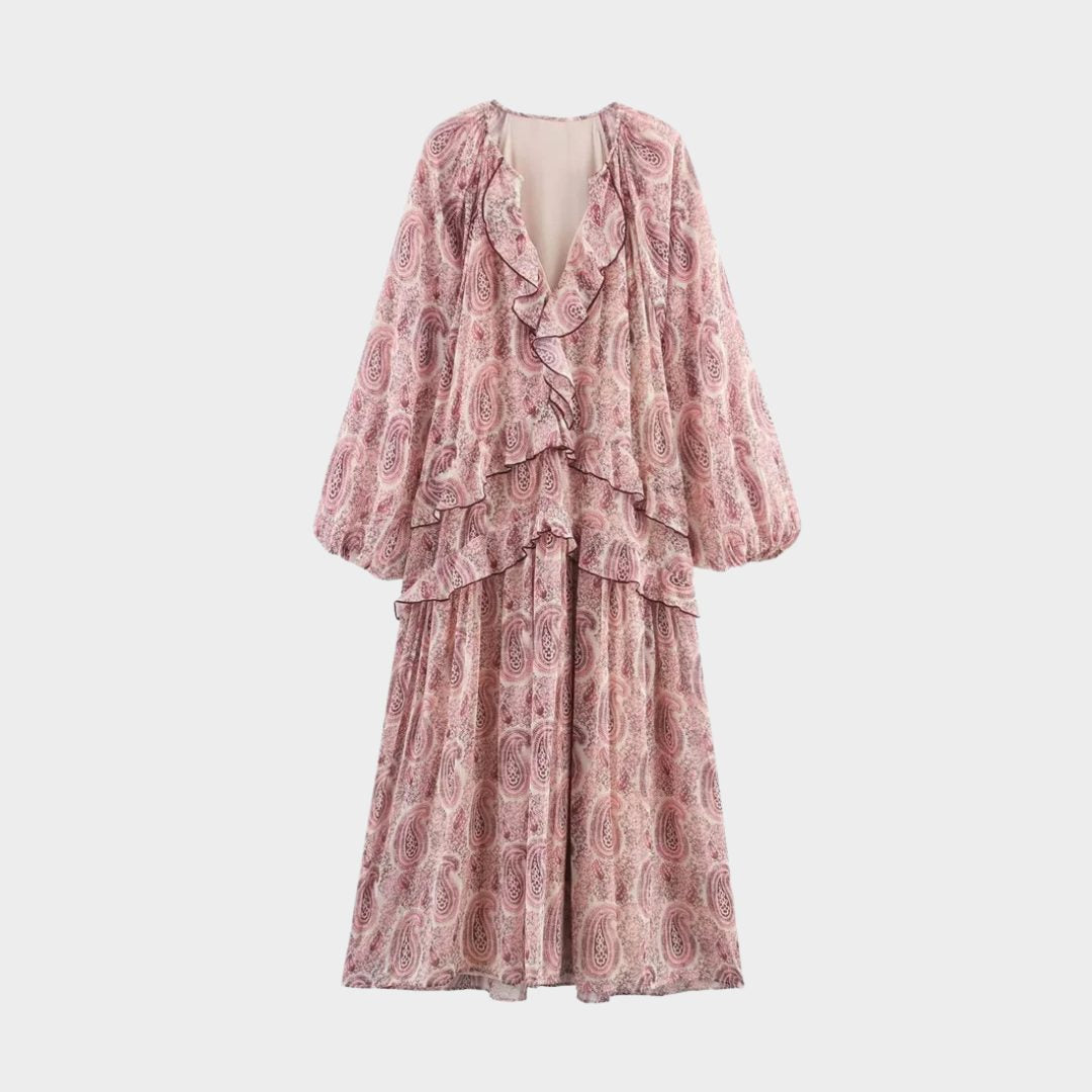 Lång paisleymönstrad klänning med volymärmar och lagerdetalje