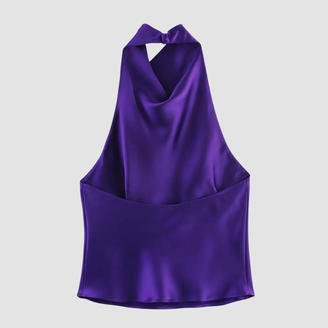 Satinlinne med halterneck och bar rygg i somrig design