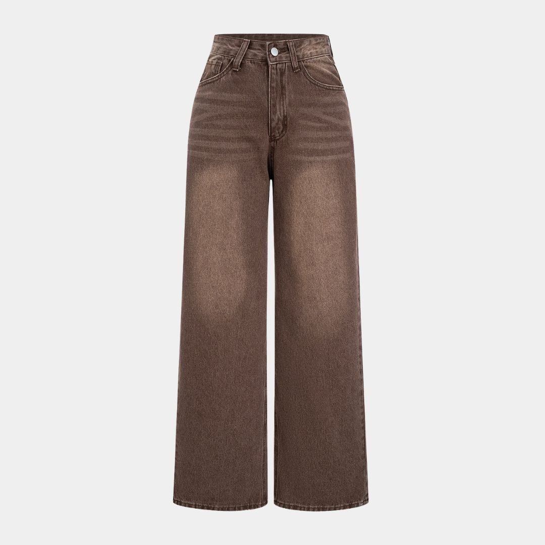 Bruna vida jeans med hög midja och tvättad yta i kraftigt denim utan stretch