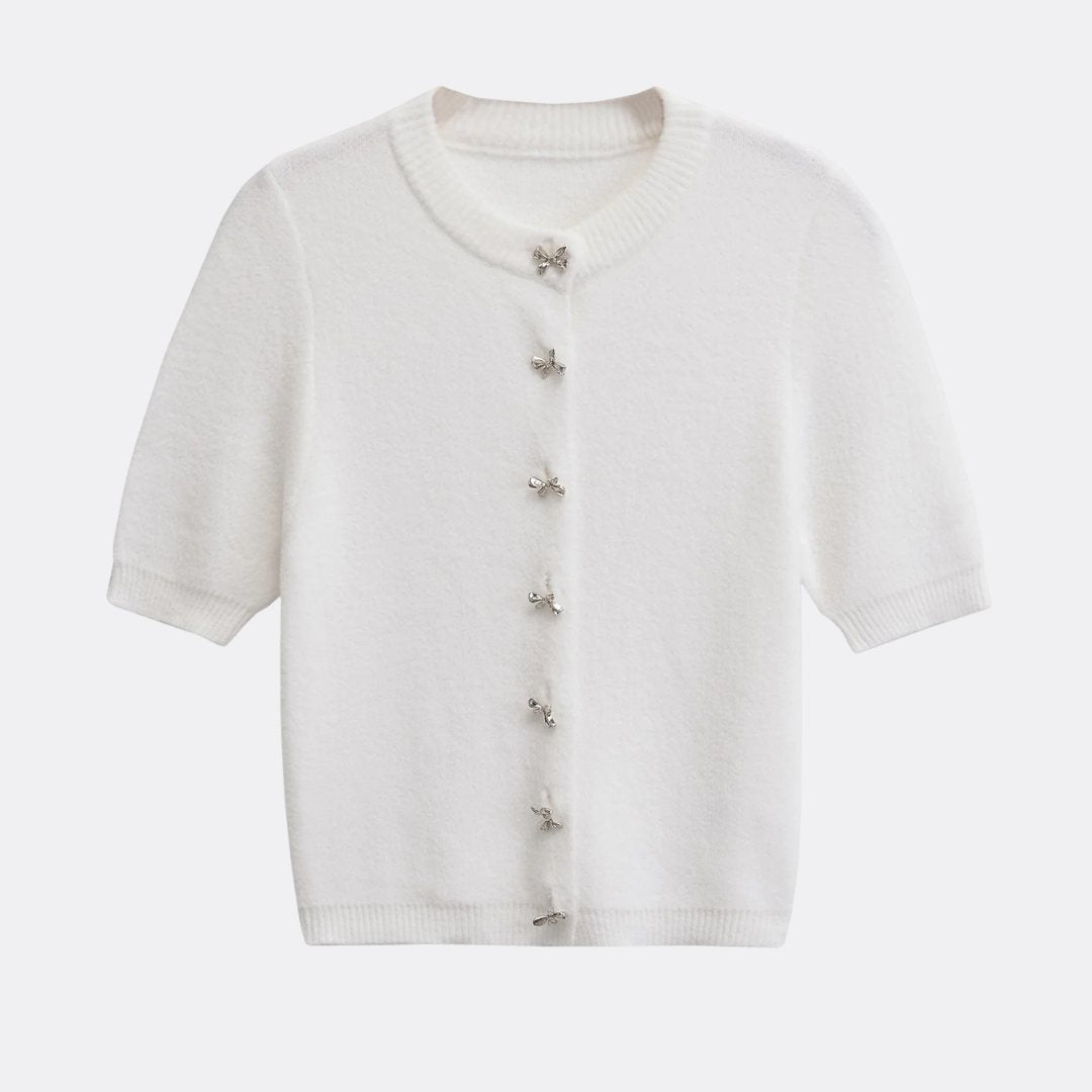 Kortärmad stickad kofta med rosettdetaljer och knappstängning