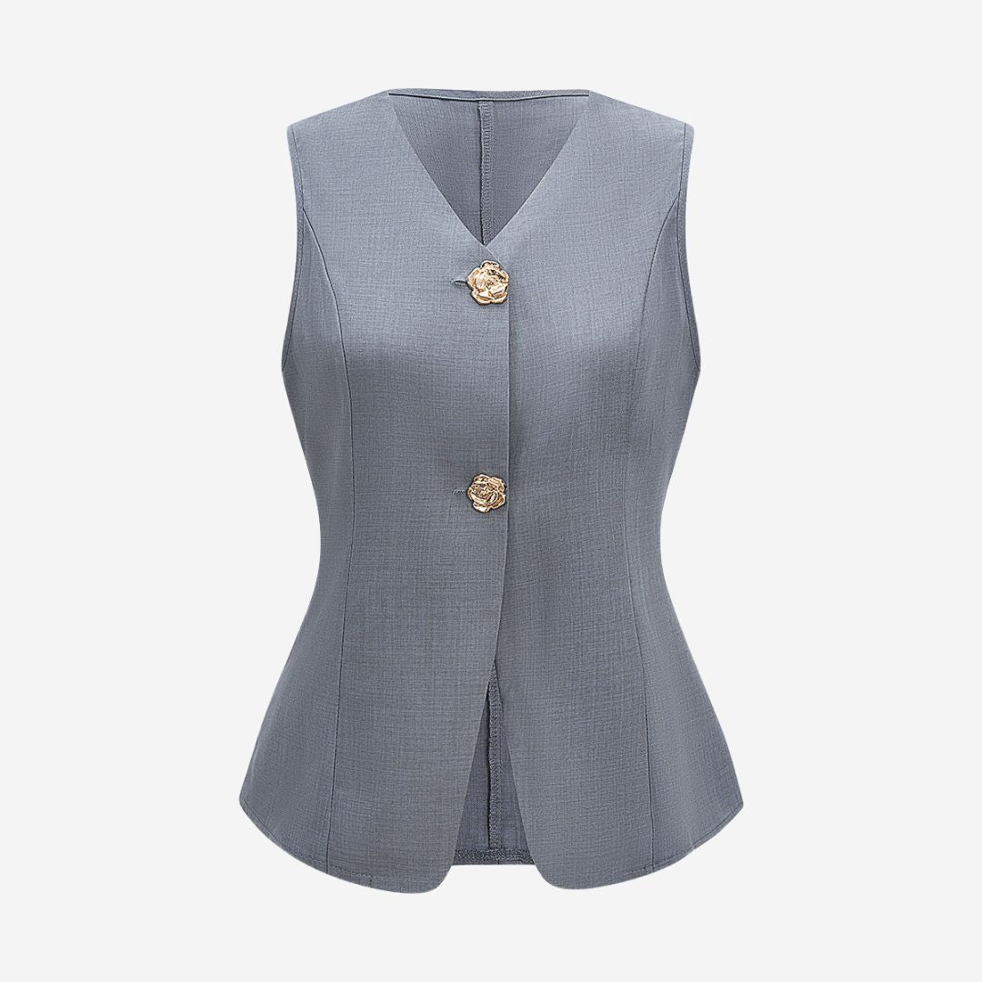 Grå figursydd väst i twill med djup V-ringning och guldfärgade rosformade knappar för dam
