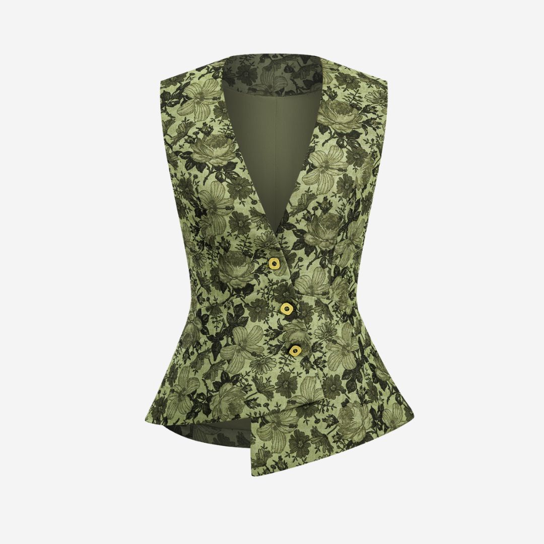 Grön ärmlös väst i olivgrön ton med blommigt jacquardmönster och asymmetrisk nederkant
