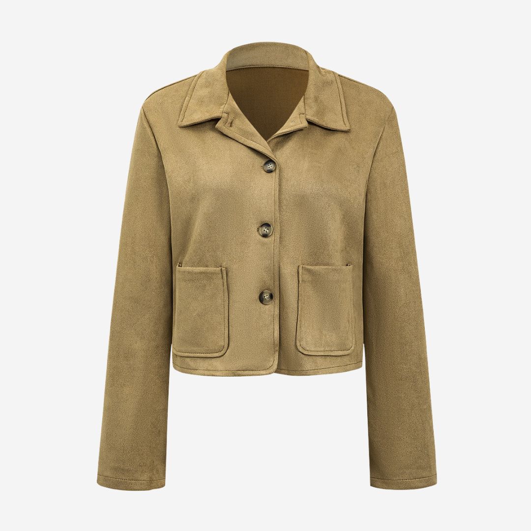 Khaki Kort jacka i sandfärgad mockaimitation med knappar, skjortkrage och påsydda fickor i figurnära passform