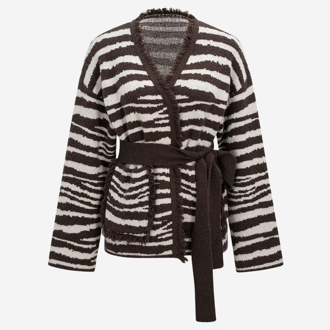 Zebramönstrad stickad kofta med bälte och franskant